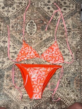Neon Orange Floral String Bikini Set